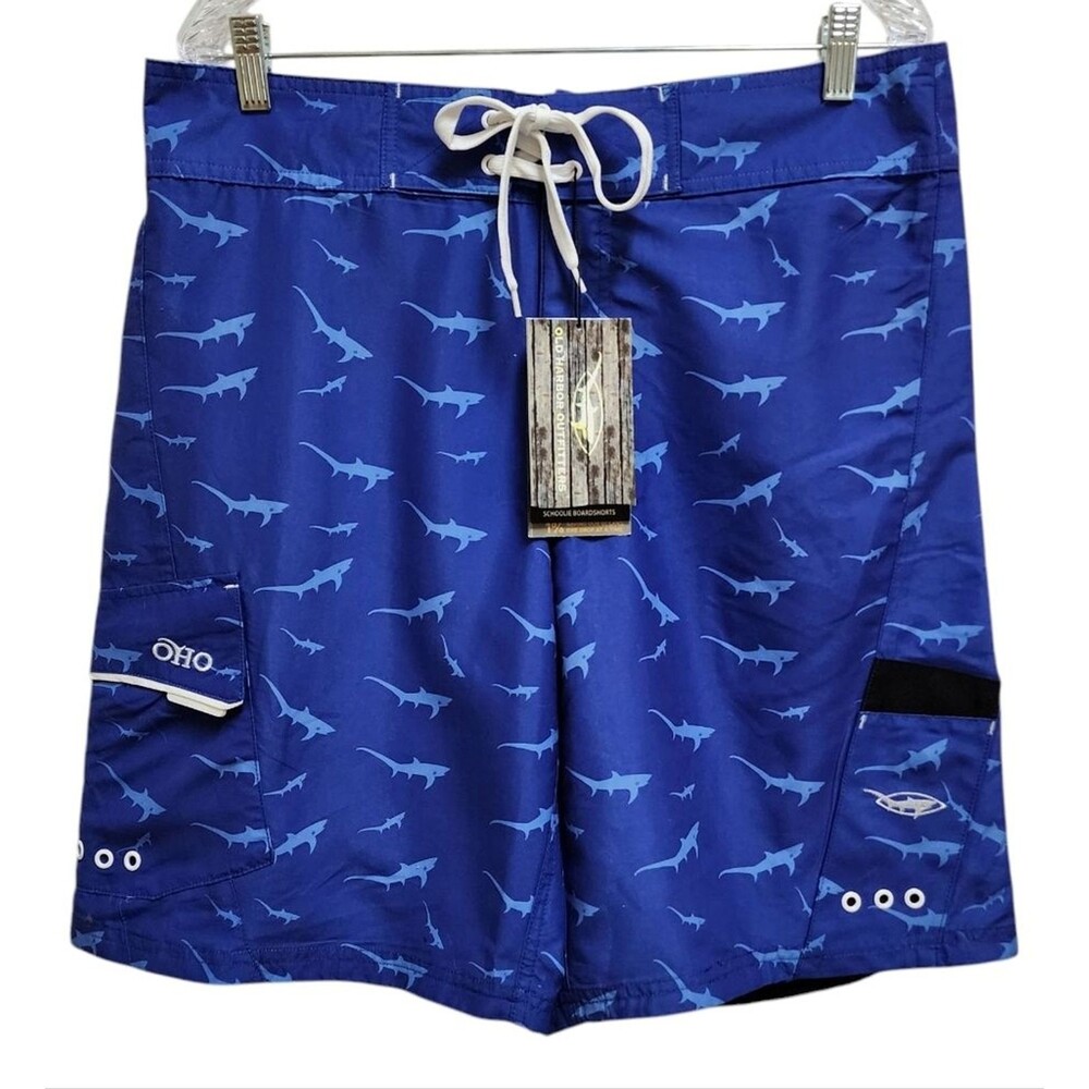 OHO Schoolie Boardshorts Men 36 Blue Shark Print Performance Pockets Beach Swim